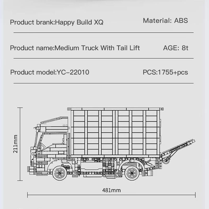 Medium Truck With Tail Lift HAPPY BUILD YC22010 Technic With 1755pcs 