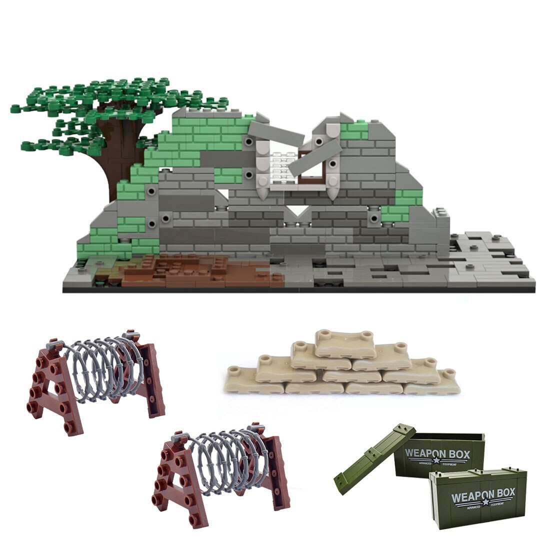 Battle Ruins with Roadblock Weapon Kit and Sandbag MILITARY MOC-89802 WITH 300 PIECES
